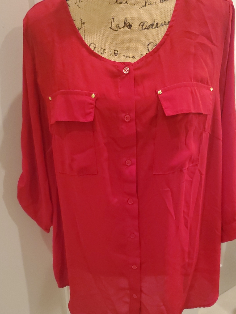 NY Collection Utility Pocket Blouse in Red Size 14